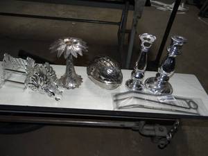 lot 3445 image: Lot of ChromeSilver Candle holders and home decor