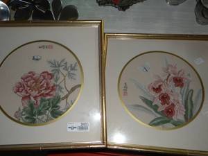 lot 3459 image: Lot of 2 Crossed Stitched Flower art pieces