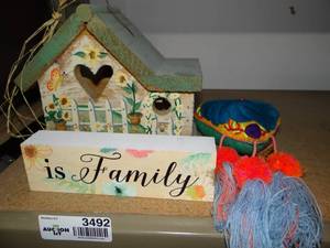 lot 3492 image: Wooden Birdhouse , Heart Shaped Dream Catcher and is Family Decor