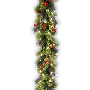 lot 29501 image: National Tree 9 Foot by 10 Inch Crestwood Spruce Garland with Silver Bristle, Cones, Red Berries and 50 Clear Lights (CW7-306-9A-1)