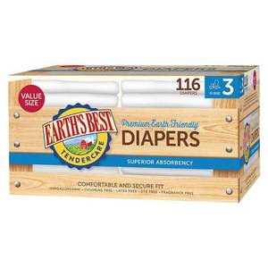 lot 29502 image: Earths Best Tender Care Diapers Club Pack - Size 3 - 116ct, Size Size 3 (116 Count), White