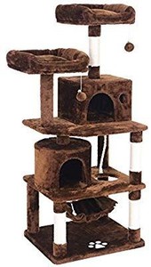 lot 29535 image: BEWISHOME Cat Tree with Sisal Scratching Posts, 2 Condos, Plush Perches, Jingly Balls and Hammock, Cat Condo Tower Furniture Kitty Kitten Activity Center Pet Play House Beige MMJ01M