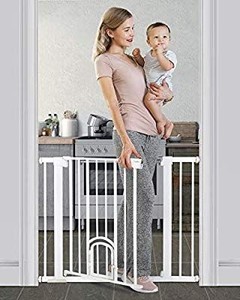 lot 29556 image: Cumbor 37.8. Auto Close Safety Baby Gate, Extra Tall Durable Dog Gate with Door, Easy Walk-Thru Child Gate for The House, Stairs, Doorways & Hallways. Includes 4 Wall Cups & (2) 2.75- Inch Extension