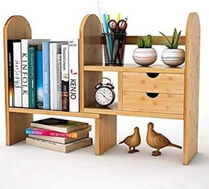 lot 29670 image: Tribesigns Bamboo Desktop Bookshelf Counter Top Bookcase Adjustable with 2 Drawers, Desk Storage Organizer Display Shelf Rack for Office Supplies, Kitchen,Bathroom, Makeup (Natural)