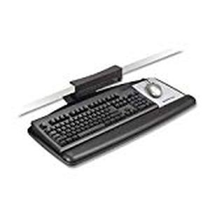lot 29694 image: 3M Keyboard Tray, Tool Free Installation, Simply Turn Knob to Adjust Height and Tilt, Sturdy Tray Includes Gel Wrist Rest and Precise Mouse Pad, Tray Swivels and Stores, 17 Track, Black (AKT65LE)