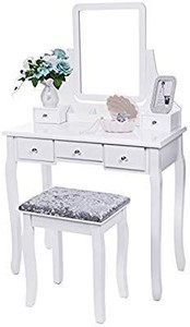 lot 29704 image: Bewishome Vanity Set With Mirrow & Cushioned Stool Dressing Table Vanity Makeup Table 5 Drawers 2 Dividers Movable Organizers White FST01W