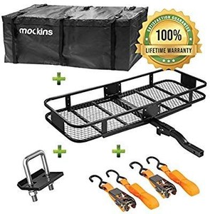 lot 29752 image: Mockins Hitch Mount Cargo Carrier with Cargo Bag and Net The Steel Cargo Basket is 60 Long X 20 Wide X 6 Tall with A Hauling Weight of 500 Lbs & A Folding Shank to Preserve Space When Not in Use �� ��