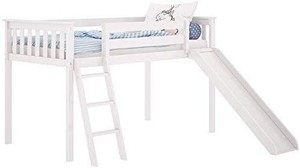 lot 29805 image: Max & Lily Solid Wood Twin Low Bunk Bed with Slide, White
