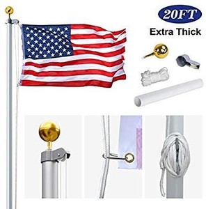 lot 28442 image: Klvied AkTop 20FT Telescoping Flag Poles Kit 2 Flags, Portable 16 Gauge Aluminum In Ground American Flag Pole, Outdoor Heavy Duty Flagpole with 3x5 USA Flag for Commercial or Residential, Silver