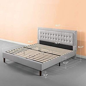 lot 28450 image: Zinus Dachelle Upholstered Button Tufted Premium Platform Bed  Mattress Foundation  Easy Assembly  Strong Wood Slat Support  Grey Sand, Queen