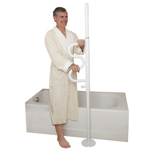 lot 28471 image: Stander Security Pole and Curve Grab Bar, Elderly Tension Mounted Floor to Ceiling Transfer Pole, Bathroom Safety Assist and Stability Rail, Iceberg White