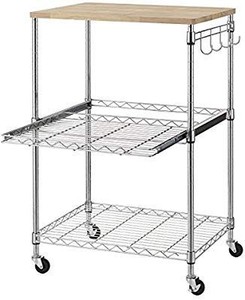 lot 30110 image: Finnhomy 3-Tier Wire Rolling Kitchen Cart, Food Service Cart, Microwave Stand, Oak Cutting Board and Chrome