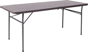 lot 30144 image: Flash Furniture 30W x 72L Bi-Fold Brown Wood Grain Plastic Folding Table with Carrying Handle