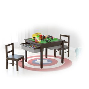 lot 30146 image: UTEX Wooden 2 In 1 Kids Construction Play Table and 2 Chairs set with Storage Drawers and Built In Broad, Espresso with Gray Drawer