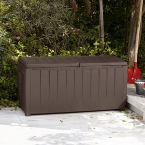 lot 30168 image: Keter Novel 90 Gallon Resin Outdoor Storage Box for Patio Furniture Cushions, BrownBrown