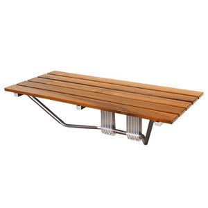 lot 30204 image: Clevr 36 ADA Compliant Foldable Double Seat Teak Wood Shower Bench, 400lb Capacity, Clear Coated for Extra Protection, Folding Wall Mount Modern Chrome, Medical Fold Up Bathroom Stool Chair
