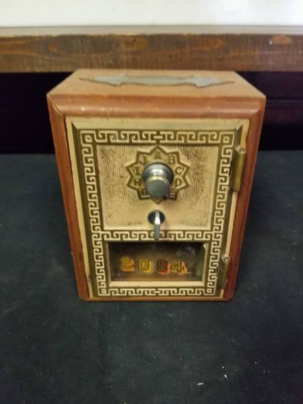 lot 7268 image: Single Window Combo Brass USPS Door on Wood Box
