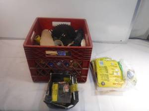 lot 11891 image: Crate of mixed hardware includes saw blades and more