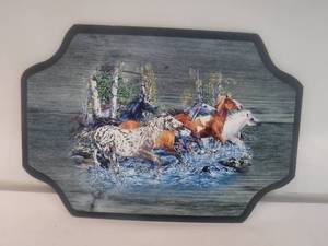 lot 11967 image: Wood plaque with running horses art