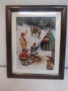 lot 11973 image: Framed Winter camping scene art print