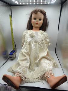 lot 9012 image: 2ft victorian style porcelain doll with white satin dress