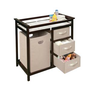 lot 15705 image: Modern Baby Changing Table with Laundry Hamper, 3 Storage Baskets, and Pad