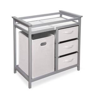 lot 15768 image: Badger Basket Modern Baby Changing Table with Hamper and 3 Baskets, Gray, Includes Pad