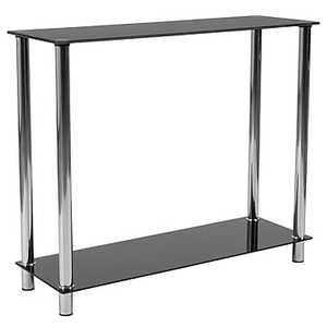 lot 15450 image: Flash Furniture Riverside Collection Black Glass Console Table with Shelves and Stainless Steel Frame