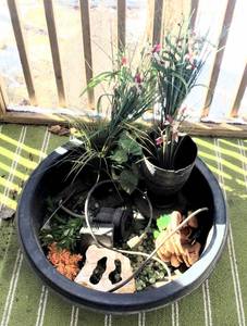 lot 3053 image: Black Tub for small PondFountain, Pump and various faux plants and rocks