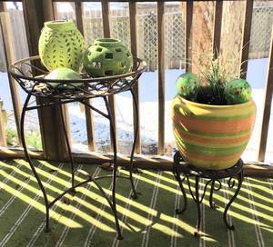 lot 3054 image: Wrought Iron Tray Table and Plant Stand, Ceramic Plant Pot, Ceramic Solar Lanterns