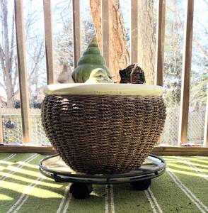 lot 3057 image: Ceramic and Wicker Plant Pot, Plant Coaster and Misc Garden Decor