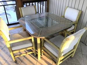 lot 3059 image: Wicker Glass Top Patio Table and Four Upholstered Chairs