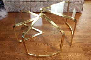 lot 3000 image: Mid-century Modern Accordion 3 Tiered Glass and Brass SideCoffee Table