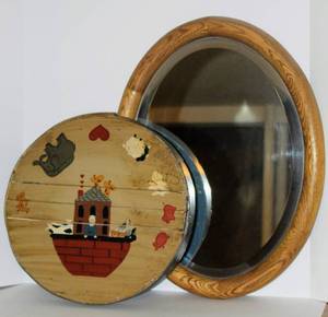 lot 3038 image: Vintage Oval Solid Wood Framed Mirror and Childrens Noahs Arc Wooden Rustic Decor
