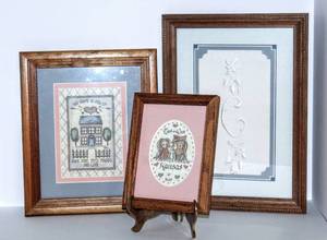 lot 3040 image: 3 Piece Framed Art, Country Scheme with Beautifully Embroidered C, Kansas is Best, and This Home Is Full Of...