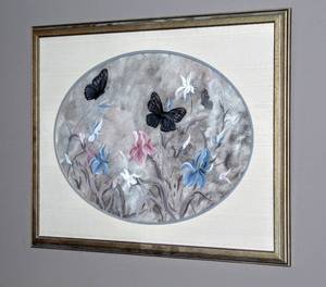 lot 3041 image: Vintage Reverse Painted Glass Art, Flowers, Birds and Butterflies, 4 Pieces