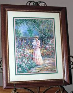 lot 3044 image: Framed and Matted Picture of Woman and Child in Garden