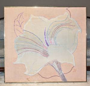 lot 3045 image: Awesome HUGE Vintage Textile Art on Canvas Backing with Brass Frame Initialed DF, (We believe this is by artist Don Freedman ), 48 x 45.5 Square