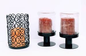 lot 3079 image: Black Metal Scroll and Glass Large Candle Holder and (2) Black Metal Pedestal with Heavy Glass Candle Holders
