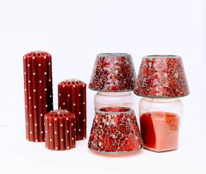 lot 3080 image: Red Candles Lot - (3) Beautiful Red Mosaic Jar Candle Shades Toppers and Set of Red with Gold Detail Pillar Candles