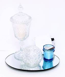 lot 3081 image: Cut Crystal Candle Holder, Lidded Crystal Dish with Flameless Candle, Mer Sea Candle - New and Mirror Tray