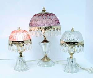 lot 3088 image: (3) Vintage Made in Holland Glass Boudoir Lamps with Hanging Crystal Prisms - All Work