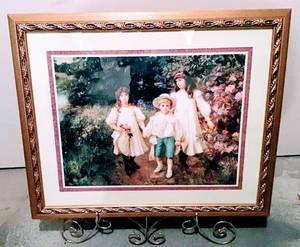 lot 3064 image: Wall Art - Children in a Garden  Gold Frame Triple Matted