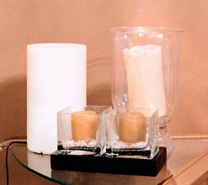 lot 3077 image: Beautiful Candle Lot - Ivory Flameless Wax Candle, Glass Hurricane with Flameless Candle and 2 Glass Votive Holders in Tray