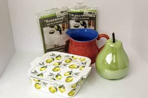 lot 3133 image: Graces Pantry Square Baking Dish , Decorative Pear, Colorful Pitcher, and 2 New In Packages Table Napkins