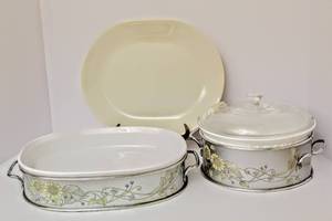 lot 3135 image: 2 Vintage White Corning Ware Casserole Dishes with Metal Mounter Servers and 1 Corelle 12.5 Classic Serving Platter
