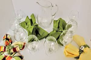 lot 3138 image: Decorative Glass Sangria Pitcher with 8 Glasses, and 8 Colorful Table Napkins with Crate and Barrel  Decorative Napkin Rings