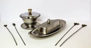 lot 3160 image: Stainless Server Tray, Lidded Bowl, Butter Dish and 4 Skewers