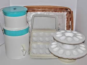 lot 3165 image: Assorted Picnic Party Lot with Drink CoolerDispenser, Egg Stand and Travel Cooler by Tupperware, Large Basket with plastic Liner