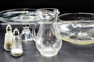 lot 3173 image: Etched Glass Lot 5 pieces including Small Pitcher, Cake Stand, Serving Bowl and Shaker Set